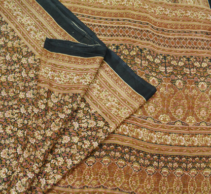 Indian Vintage Sari Black Printed Pure Silk Sarees Craft Fabric 6yd Sewing Floral Soft Dress Designing for Crafting Quilting Upcycle Used