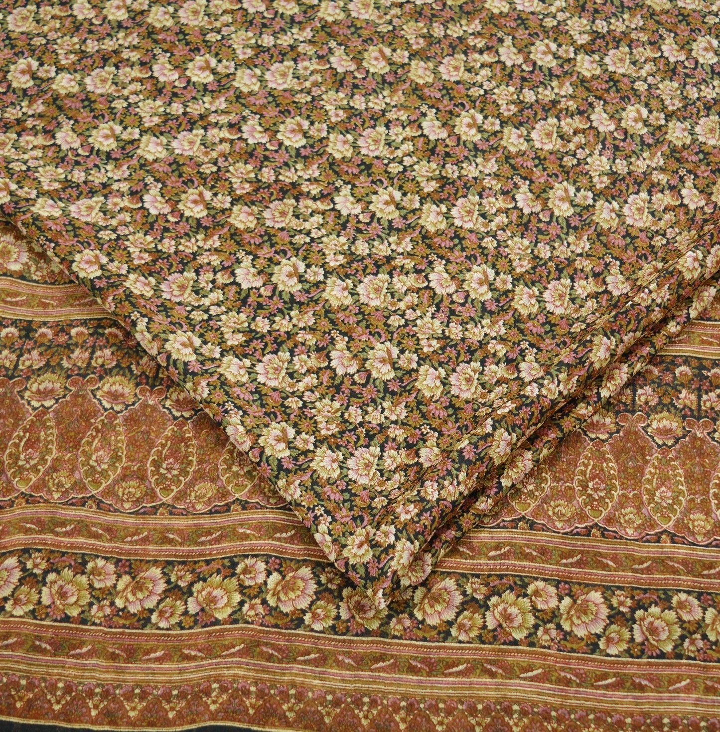 Indian Vintage Sari Black Printed Pure Silk Sarees Craft Fabric 6yd Sewing Floral Soft Dress Designing for Crafting Quilting Upcycle Used