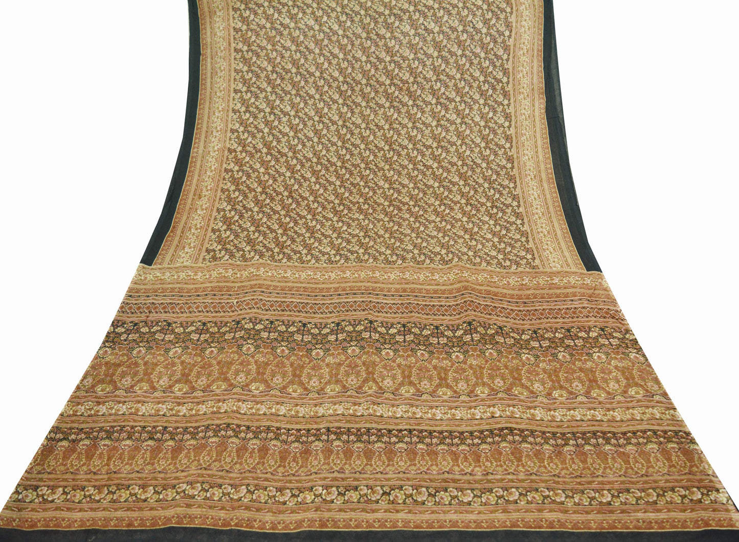 Indian Vintage Sari Black Printed Pure Silk Sarees Craft Fabric 6yd Sewing Floral Soft Dress Designing for Crafting Quilting Upcycle Used