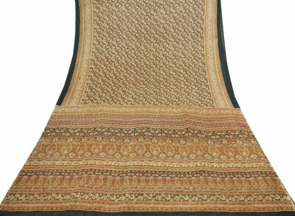 Indian Vintage Sari Black Printed Pure Silk Sarees Craft Fabric 6yd Sewing Floral Soft Dress Designing for Crafting Quilting Upcycle Used