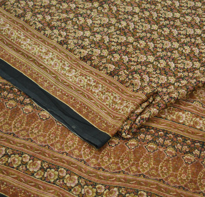 Indian Vintage Sari Black Printed Pure Silk Sarees Craft Fabric 6yd Sewing Floral Soft Dress Designing for Crafting Quilting Upcycle Used