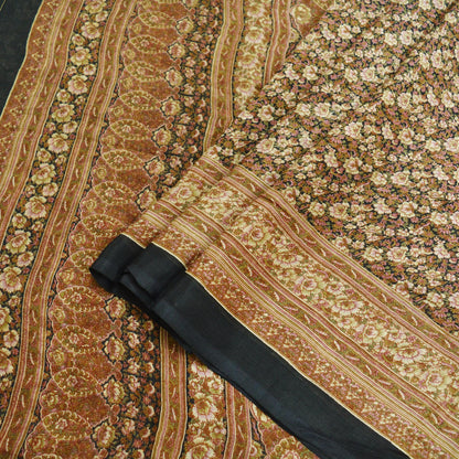 Indian Vintage Sari Black Printed Pure Silk Sarees Craft Fabric 6yd Sewing Floral Soft Dress Designing for Crafting Quilting Upcycle Used