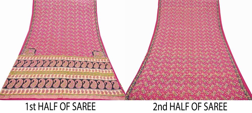 Indian Vintage Sari Pink 100% Pure Silk Sarees Printed 5yd Sewing Craft Fabric DressMaking Soft Paisley Zari Quilting Crafting Upcycle Used