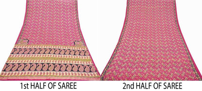 Indian Vintage Sari Pink 100% Pure Silk Sarees Printed 5yd Sewing Craft Fabric DressMaking Soft Paisley Zari Quilting Crafting Upcycle Used