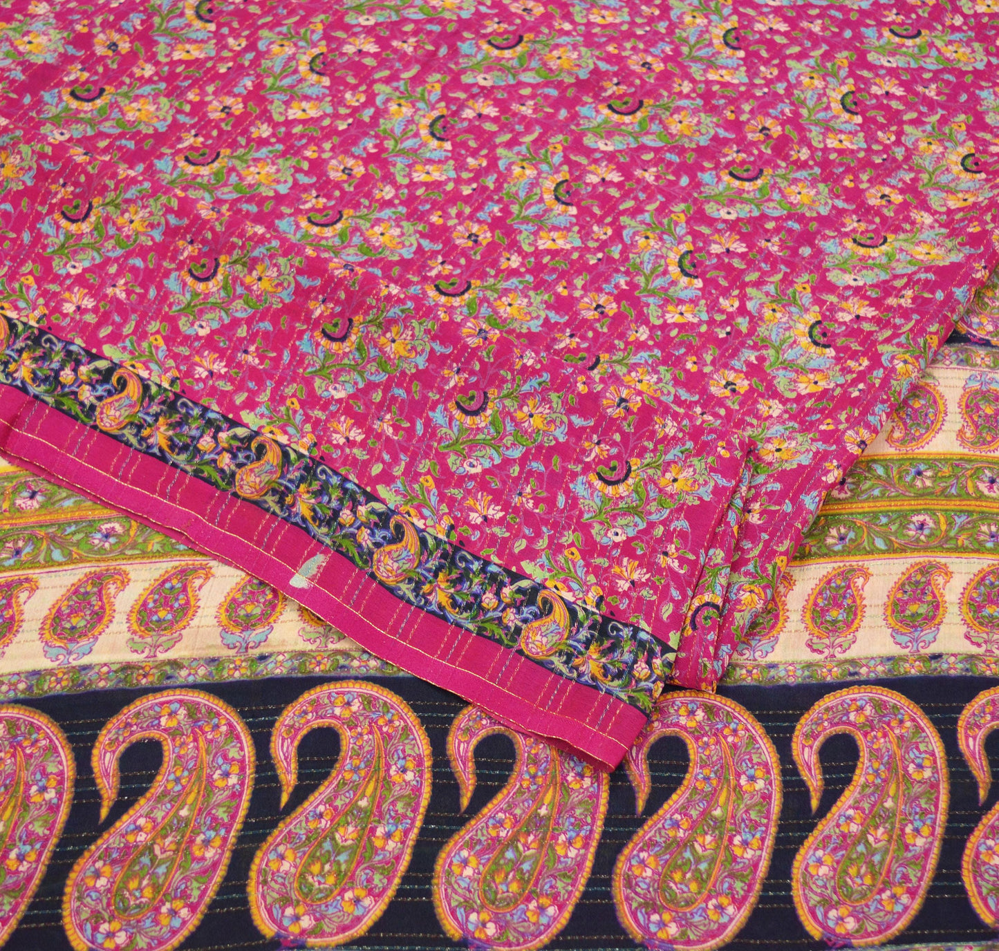 Indian Vintage Sari Pink 100% Pure Silk Sarees Printed 5yd Sewing Craft Fabric DressMaking Soft Paisley Zari Quilting Crafting Upcycle Used