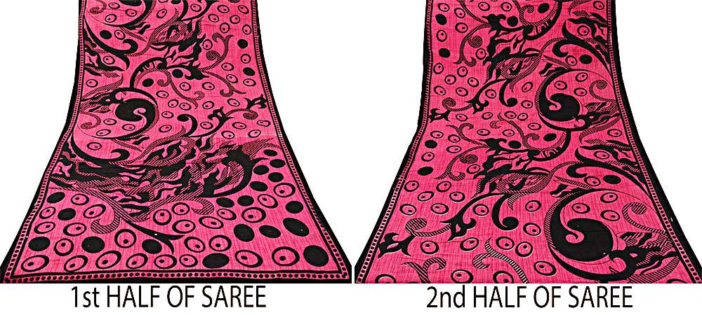 Indian Vintage Sari Pink & Black Printed 100% Pure Cotton Saree Craft Soft Fabric 5Yd Sewing Sarong Wrap Boho Polka Dot