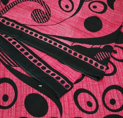 Indian Vintage Sari Pink & Black Printed 100% Pure Cotton Saree Craft Soft Fabric 5Yd Sewing Sarong Wrap Boho Polka Dot