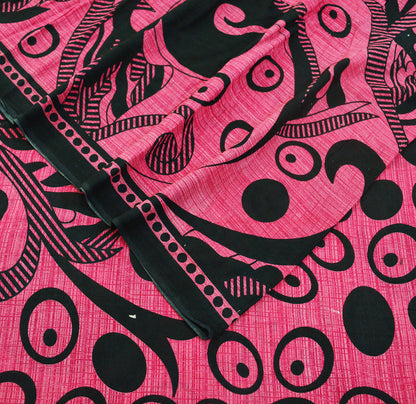 Indian Vintage Sari Pink & Black Printed 100% Pure Cotton Saree Craft Soft Fabric 5Yd Sewing Sarong Wrap Boho Polka Dot