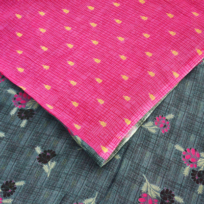 Indian Vintage Sari Gray & Pink Printed Blend Cotton Saree Craft Soft Fabric 5Yard Sewing Sarong Wrap Boho Paisley