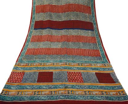 Indian Vintage Sari Multi Pure Crepe Silk Block Printed Saree 5yard Sewing Floral Soft Craft Fabric Wrap