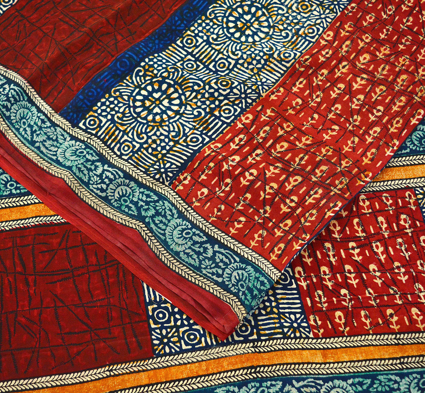 Indian Vintage Sari Multi Pure Crepe Silk Block Printed Saree 5yard Sewing Floral Soft Craft Fabric Wrap