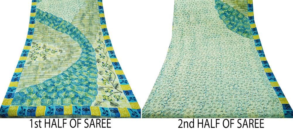 Indian Vintage Sari Ivory & Blue Pure Crepe Silk Printed Saree  5yard Sewing Floral Soft Craft Fabric Wrap