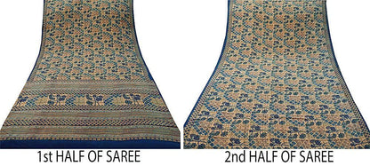 Indian Vintage Sari Ivory & Blue Pure Crepe Silk Printed Sarees 5yard Sewing Floral Soft Craft Fabric Wrap