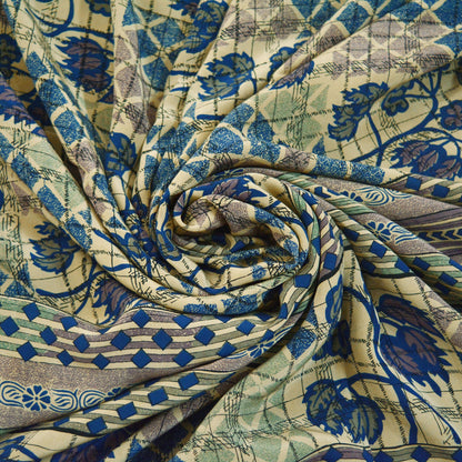 Indian Vintage Sari Ivory & Blue Pure Crepe Silk Printed Sarees 5yard Sewing Floral Soft Craft Fabric Wrap