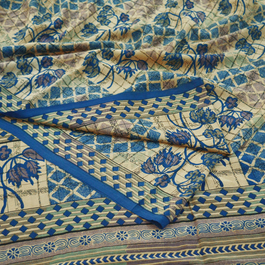 Indian Vintage Sari Ivory & Blue Pure Crepe Silk Printed Sarees 5yard Sewing Floral Soft Craft Fabric Wrap