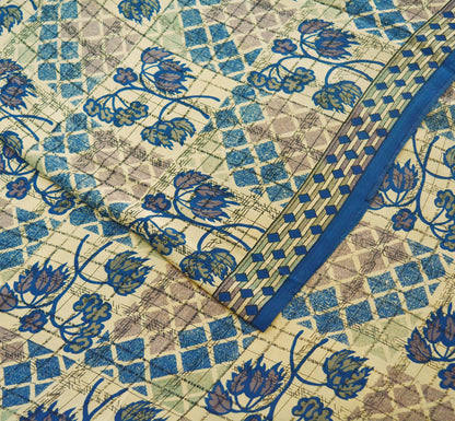 Indian Vintage Sari Ivory & Blue Pure Crepe Silk Printed Sarees 5yard Sewing Floral Soft Craft Fabric Wrap