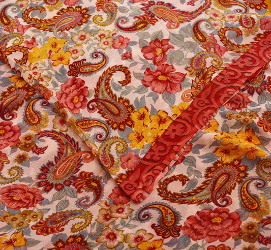 Indian Vintage Sari Red & Ivory Pure Chiffon Silk Saree Craft Fabric Sewing 5Yard Soft Light Sari Dress Making Floral
