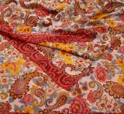 Indian Vintage Sari Red & Ivory Pure Chiffon Silk Saree Craft Fabric Sewing 5Yard Soft Light Sari Dress Making Floral