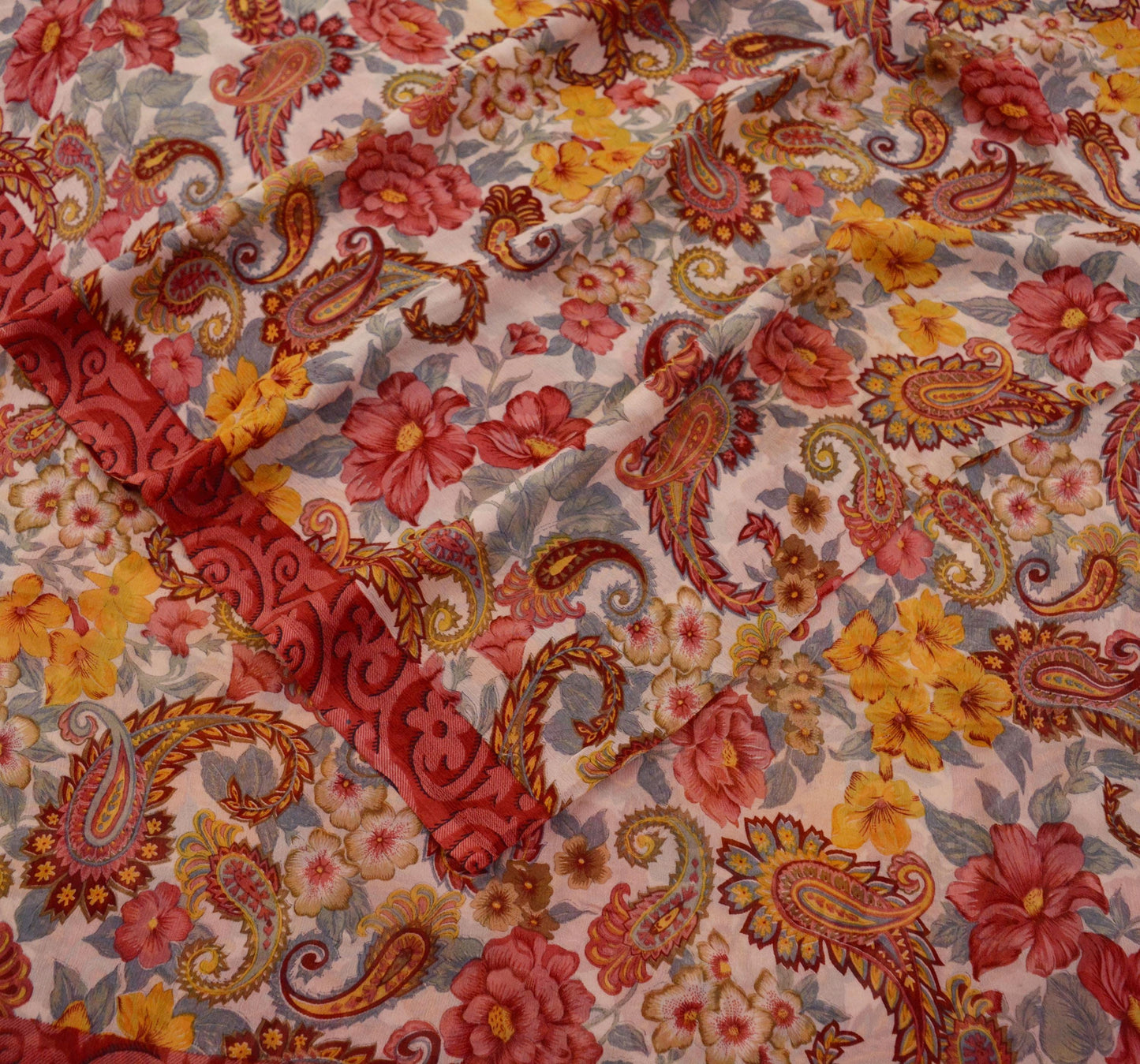 Indian Vintage Sari Red & Ivory Pure Chiffon Silk Saree Craft Fabric Sewing 5Yard Soft Light Sari Dress Making Floral