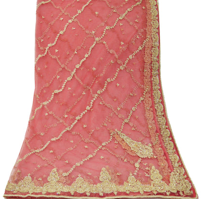 FREE SHIPPING Indian Vintage Heavy Pink Dupatta Net Mesh Long Stole Hand Embroidered Scarves Golden Zardozi Dabka Zari Sequins