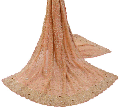 FREE SHIPPING Indian Vintage Heavy Peach Dupatta Net Mesh Long Stole Hand Embroidered Scarf Golden Zardozi Zari Glass Beaded Stole