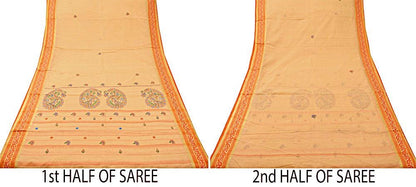Indian Vintage Sari Peach Pure Cotton Hand Embroidered Saree  Kantha Fabric 6yard Sewing Floral Soft Zari