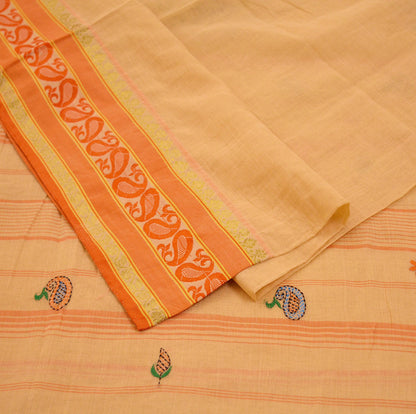 Indian Vintage Sari Peach Pure Cotton Hand Embroidered Saree  Kantha Fabric 6yard Sewing Floral Soft Zari