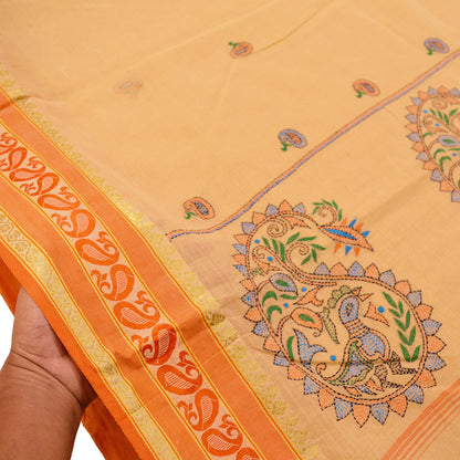 Indian Vintage Sari Peach Pure Cotton Hand Embroidered Saree  Kantha Fabric 6yard Sewing Floral Soft Zari