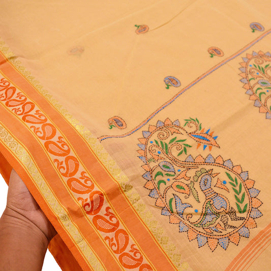 Indian Vintage Sari Peach Pure Cotton Hand Embroidered Saree  Kantha Fabric 6yard Sewing Floral Soft Zari