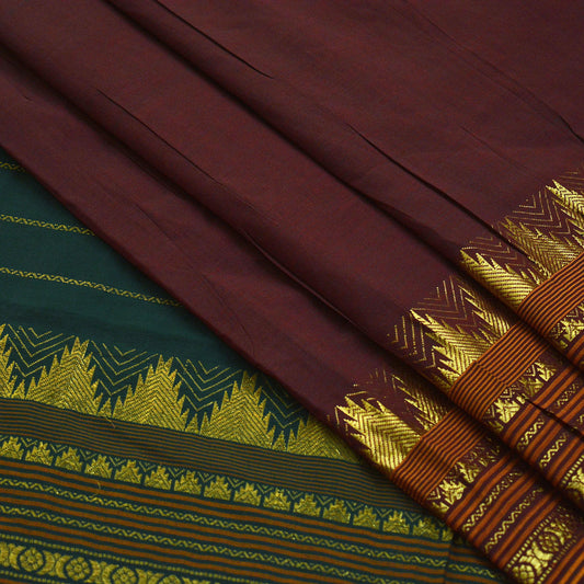 Vintage Sari Maroon & Green Pure Cotton Hand Woven Sarees Craft Fabric Zari 5Yd Sewing Soft Crafting Dress making Upcycle Quilting Zigzag