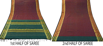 Vintage Sari Maroon & Green Pure Cotton Hand Woven Sarees Craft Fabric Zari 5Yd Sewing Soft Crafting Dress making Upcycle Quilting Zigzag