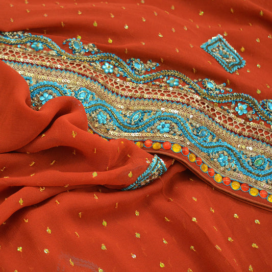 Indian Vintage Heavy Sarees Orange Pure Georgette Silk Hand Embroidered Sari Fabric 5Yd Sewing Ethnic Zardozi/dabka zari Wedding sarees