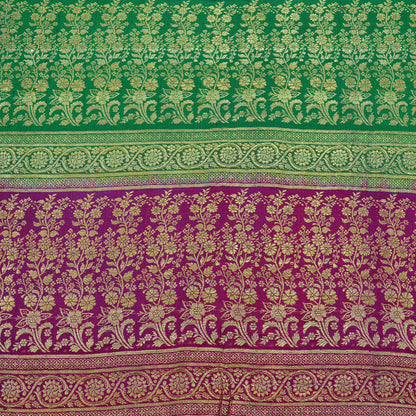 Indian Vintage Heavy Wedding Sari Green/Purple Pure Satin Silk Brocade Banarasi Sarees Zari 5Yd Craft Fabric Dress Making Crafting Quilting