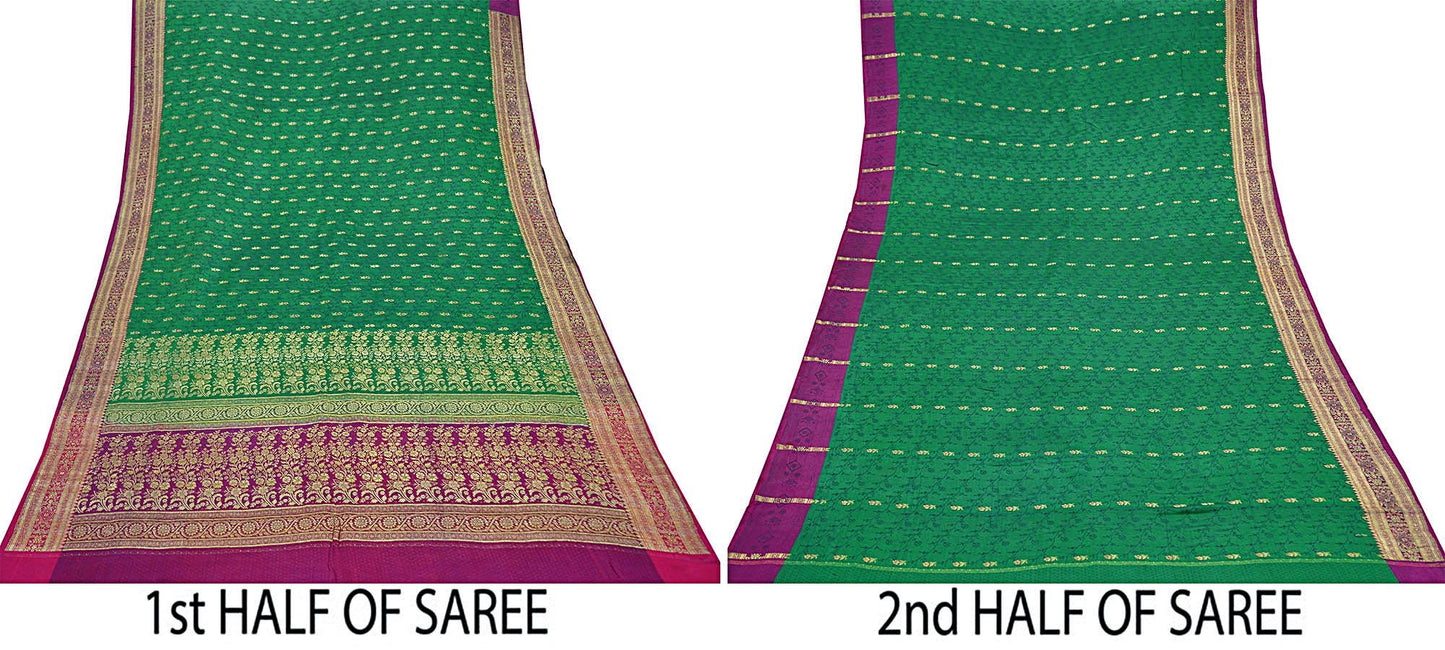 Indian Vintage Heavy Wedding Sari Green/Purple Pure Satin Silk Brocade Banarasi Sarees Zari 5Yd Craft Fabric Dress Making Crafting Quilting