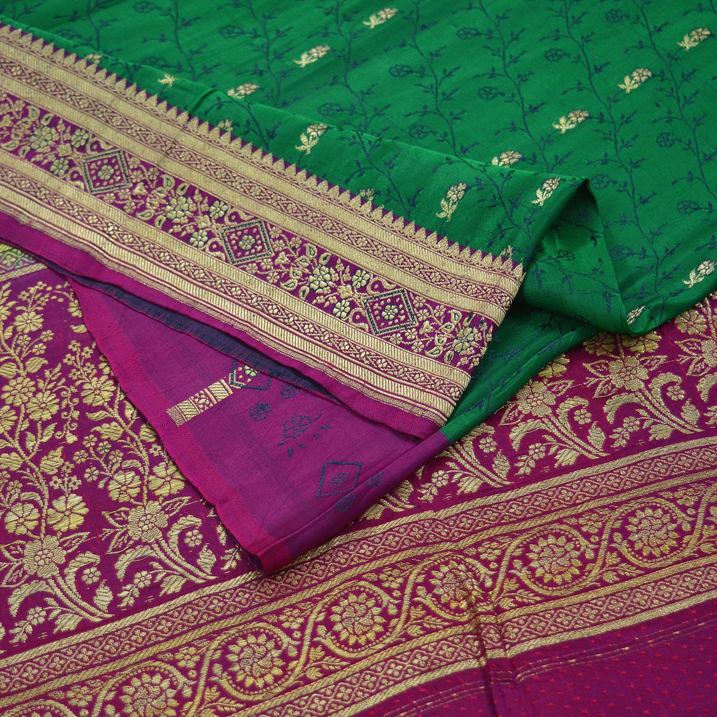 Indian Vintage Heavy Wedding Sari Green/Purple Pure Satin Silk Brocade Banarasi Sarees Zari 5Yd Craft Fabric Dress Making Crafting Quilting