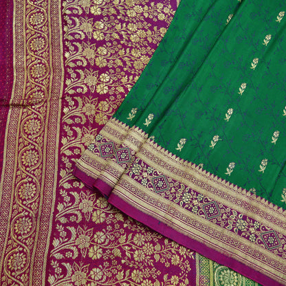 Indian Vintage Heavy Wedding Sari Green/Purple Pure Satin Silk Brocade Banarasi Sarees Zari 5Yd Craft Fabric Dress Making Crafting Quilting