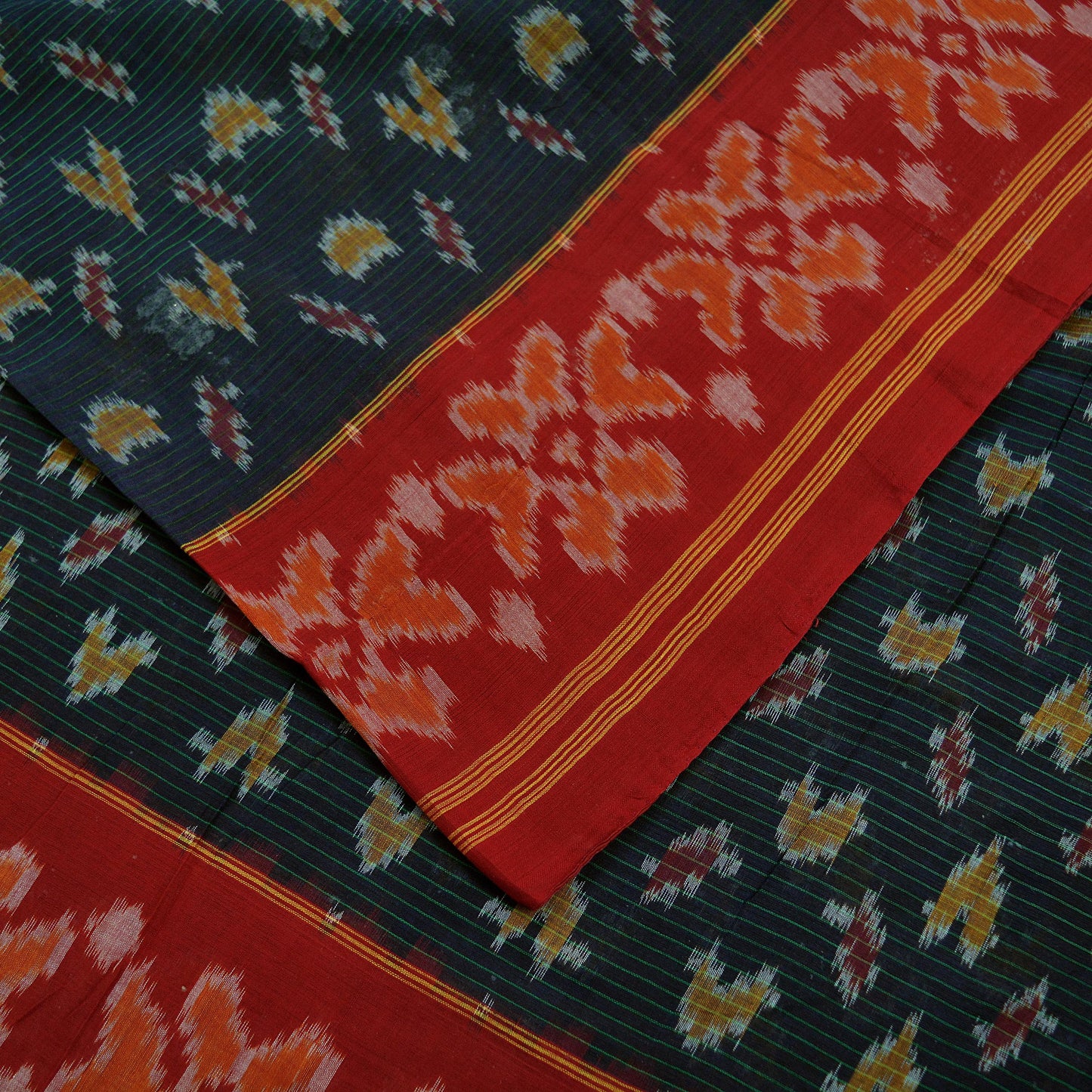 Indian Vintage Sarees Red & Black Pure Cotton Hand woven Sambalpuri Ikat sari Craft Fabric 5Yd Ethnic Chackra Border Dress Making Quilting