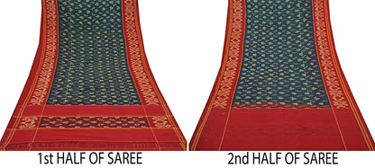 Indian Vintage Sarees Red & Black Pure Cotton Hand woven Sambalpuri Ikat sari Craft Fabric 5Yd Ethnic Chackra Border Dress Making Quilting
