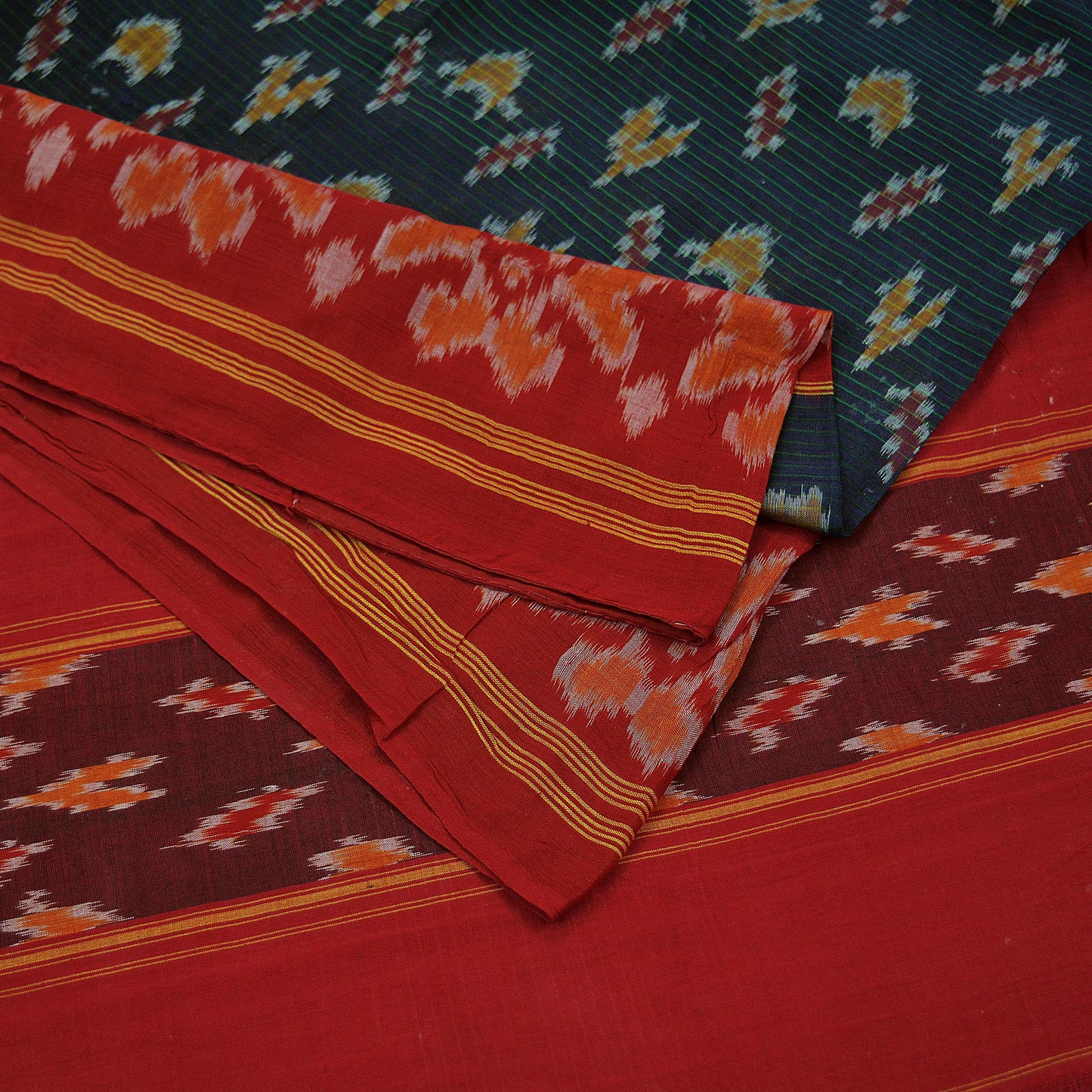 Indian Vintage Sarees Red & Black Pure Cotton Hand woven Sambalpuri Ikat sari Craft Fabric 5Yd Ethnic Chackra Border Dress Making Quilting