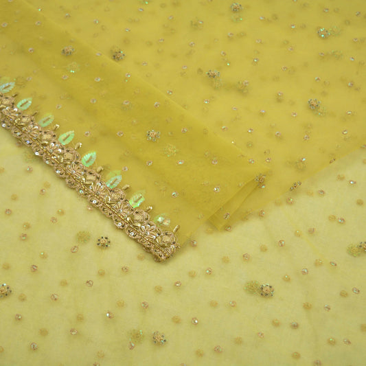 Indian Vintage Heavy Yellow Dupatta Net Mesh Long Stole Hand Embroidered Scarves Golden Zardozi/Dabka,Zari Sequins Hijab Veil wrap Boho