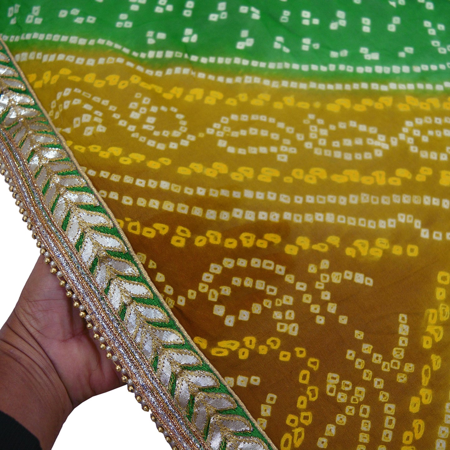 Indian Vintage Saffron & Green Dupatta Pure Georgette Silk Hand Embroidered Bandhani Veil Scarves Soft Sequins Border