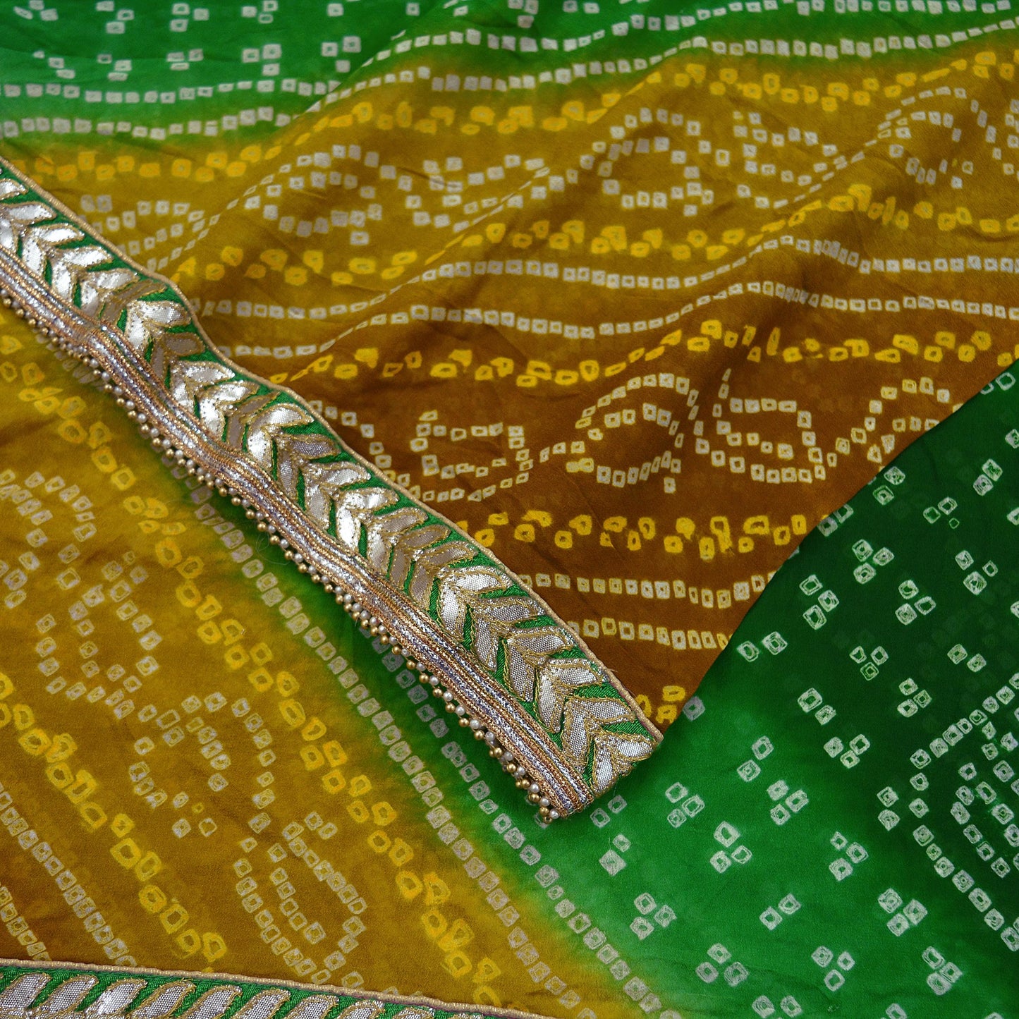 Indian Vintage Saffron & Green Dupatta Pure Georgette Silk Hand Embroidered Bandhani Veil Scarves Soft Sequins Border