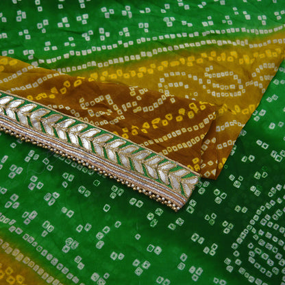 Indian Vintage Saffron & Green Dupatta Pure Georgette Silk Hand Embroidered Bandhani Veil Scarves Soft Sequins Border