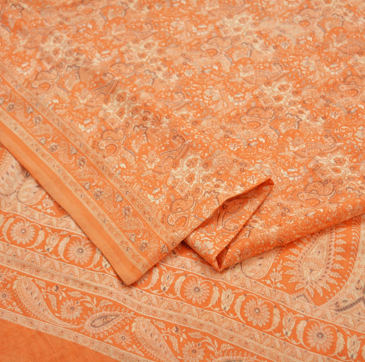 Indian Vintage Sari Orange 100% Pure Silk Printed Saree Craft Fabric 6yd Sewing Dress Making Soft Wrap Paisley Quilting Crafting Upcycle