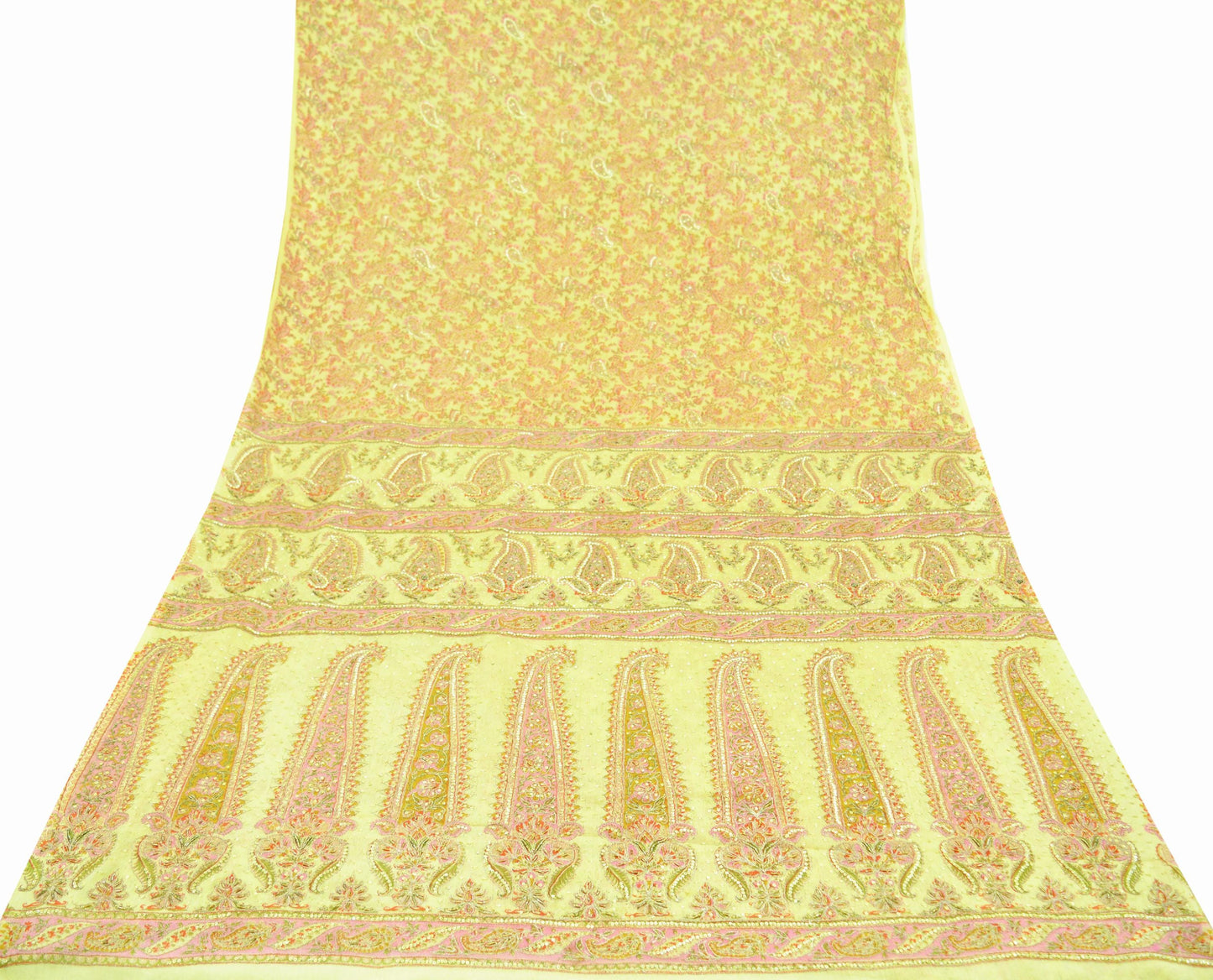 Indian Vintage Sari Yellow Hand Embroidered Printed Sari 100% Pure Silk Sarees Craft Fabric 5yd Soft Zari Sequins Dress making Quilting Used