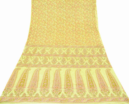 Indian Vintage Sari Yellow Hand Embroidered Printed Sari 100% Pure Silk Sarees Craft Fabric 5yd Soft Zari Sequins Dress making Quilting Used