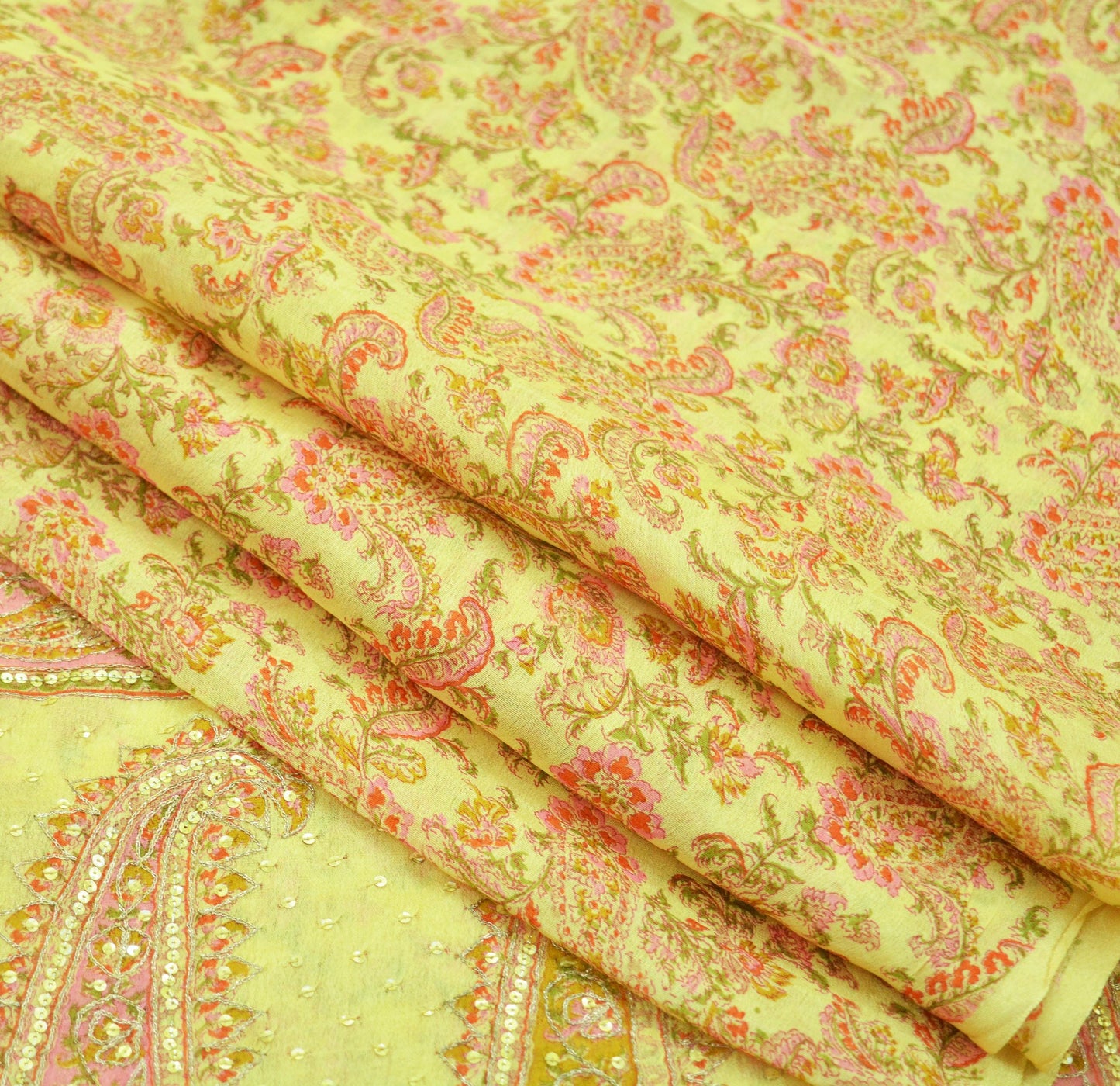 Indian Vintage Sari Yellow Hand Embroidered Printed Sari 100% Pure Silk Sarees Craft Fabric 5yd Soft Zari Sequins Dress making Quilting Used