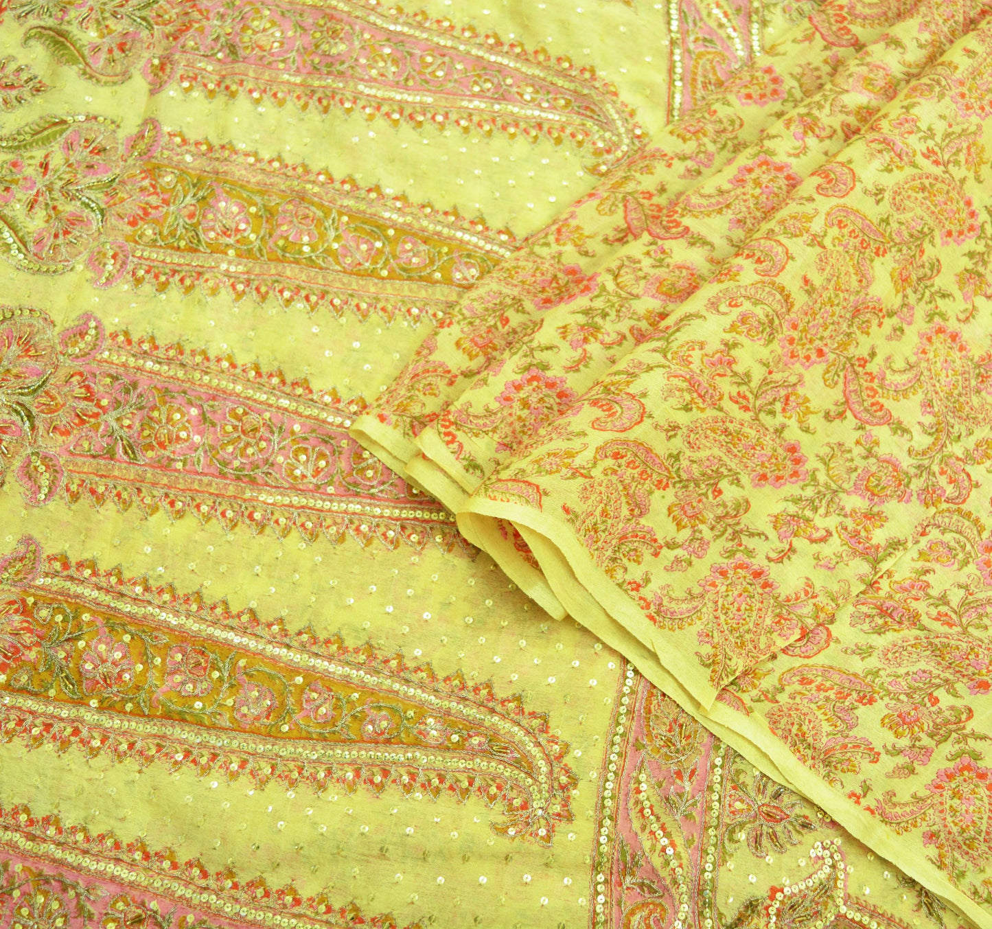 Indian Vintage Sari Yellow Hand Embroidered Printed Sari 100% Pure Silk Sarees Craft Fabric 5yd Soft Zari Sequins Dress making Quilting Used