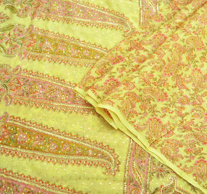 Indian Vintage Sari Yellow Hand Embroidered Printed Sari 100% Pure Silk Sarees Craft Fabric 5yd Soft Zari Sequins Dress making Quilting Used