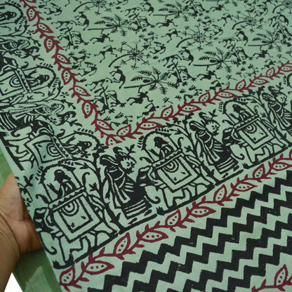 Indian Vintage Sari Green Pure Cotton Warli Print Saree 5Yd Craft Fabric Soft Sewing Sarong Wrap Boho Quilting Crafting Used Upcycle Dress